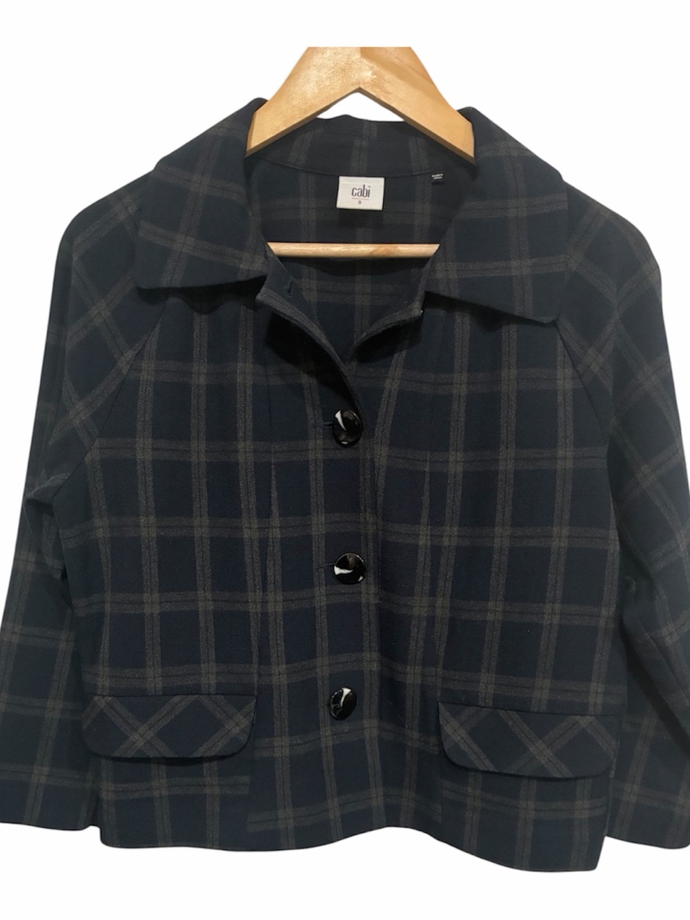 CAbi Dark Navy and Gray Plaid Tailored Button Jacket